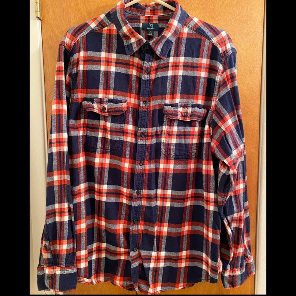 George Blue, White & Red Plaid Button Down Flannel